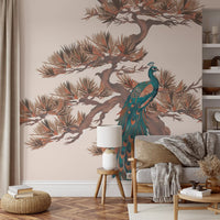 Mural de pared con motivo chinoiserie de pinos y aves
