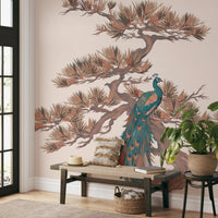Mural de pared con motivo chinoiserie de pinos y aves