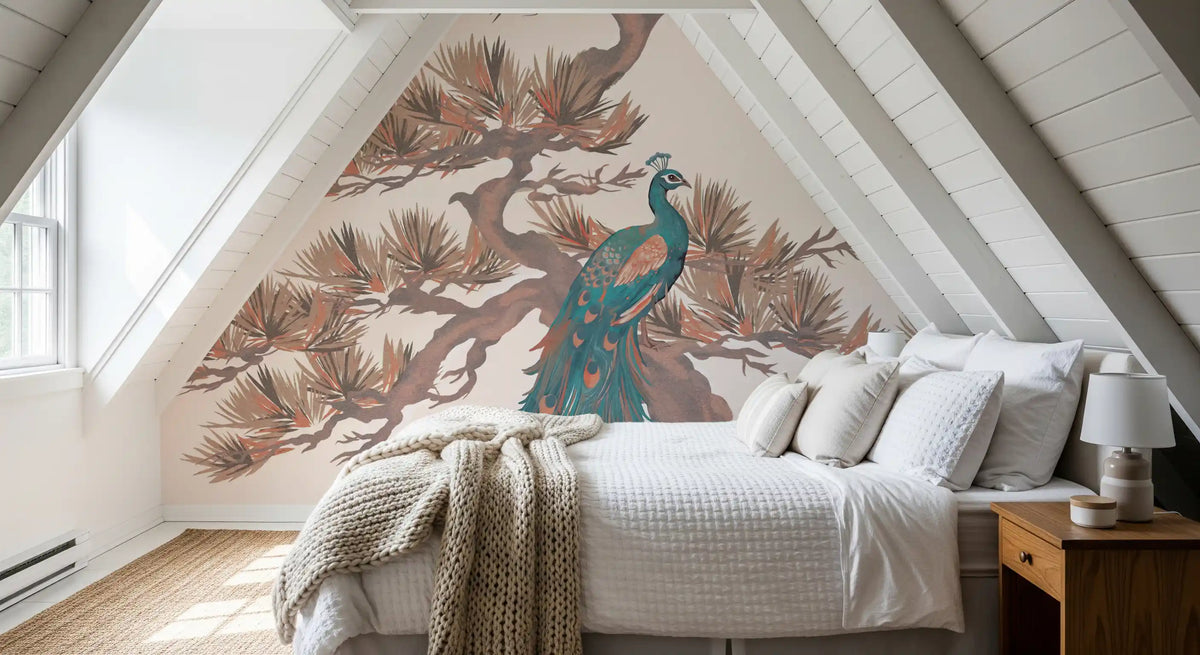Mural de pared con motivo chinoiserie de pinos y aves