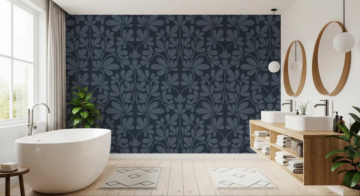 Carta da parati damascata botanica blu navy mezzanotte