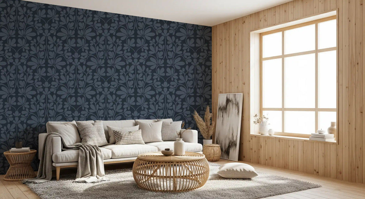 Carta da parati damascata botanica blu navy mezzanotte