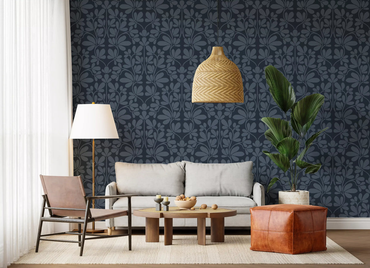 Carta da parati damascata botanica blu navy mezzanotte