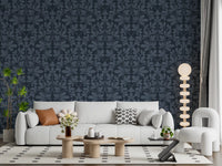 Carta da parati damascata botanica blu navy mezzanotte