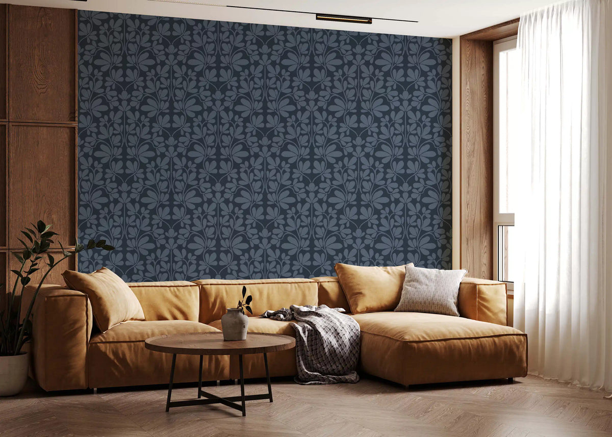 Carta da parati damascata botanica blu navy mezzanotte