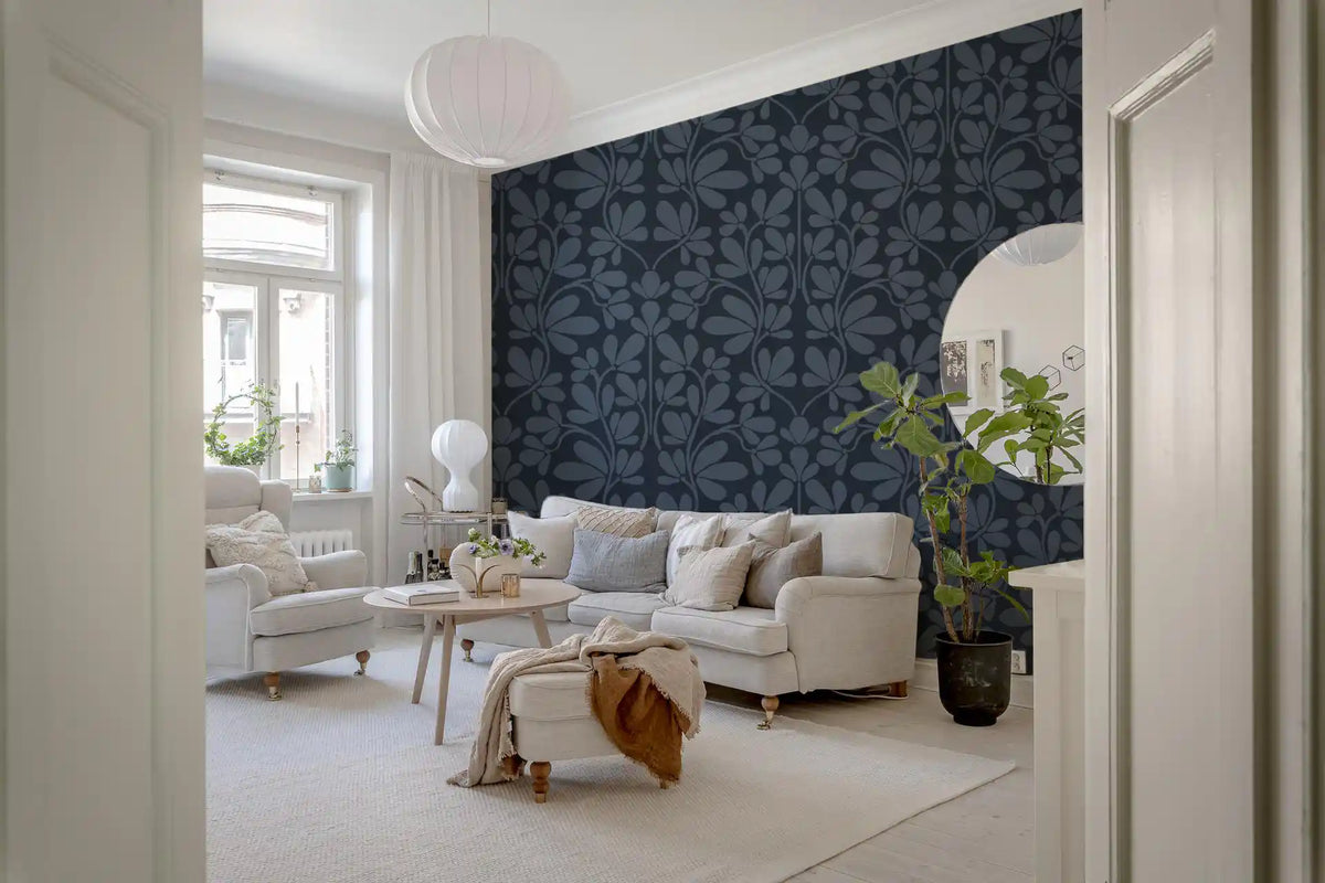 Carta da parati damascata botanica blu navy mezzanotte