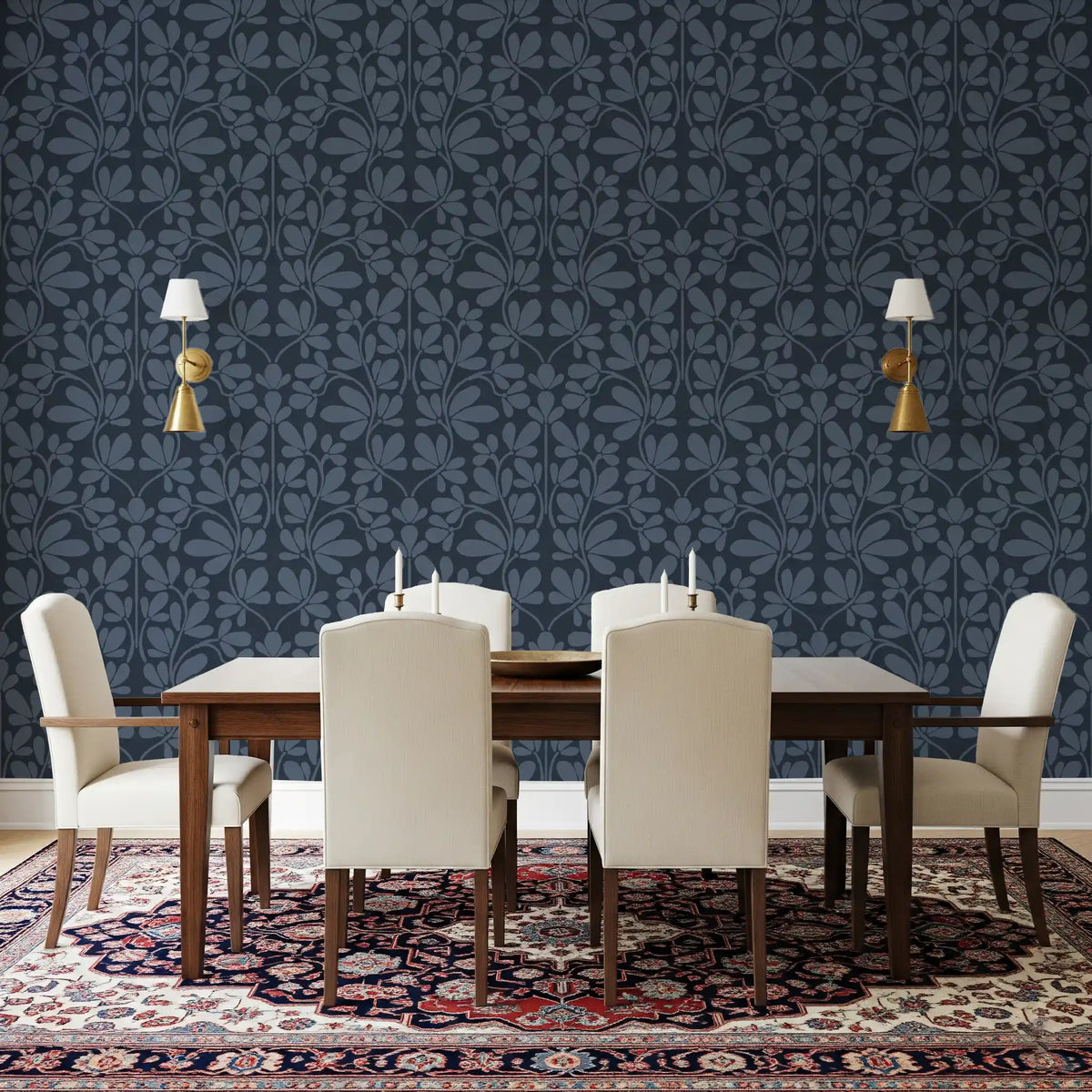 Carta da parati damascata botanica blu navy mezzanotte