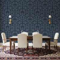 Carta da parati damascata botanica blu navy mezzanotte