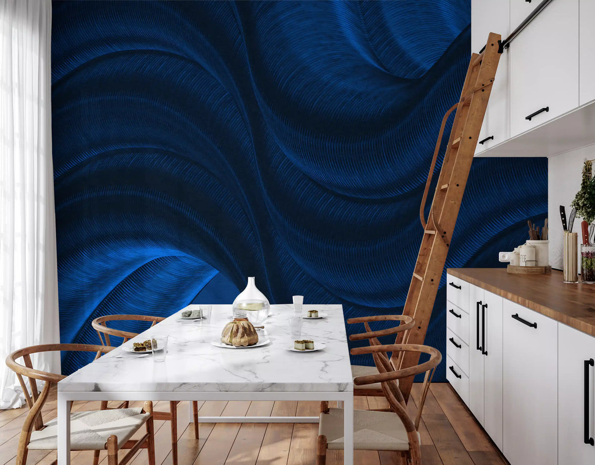 Wandbild „Fließende Kurven in Mitternachtsblau“