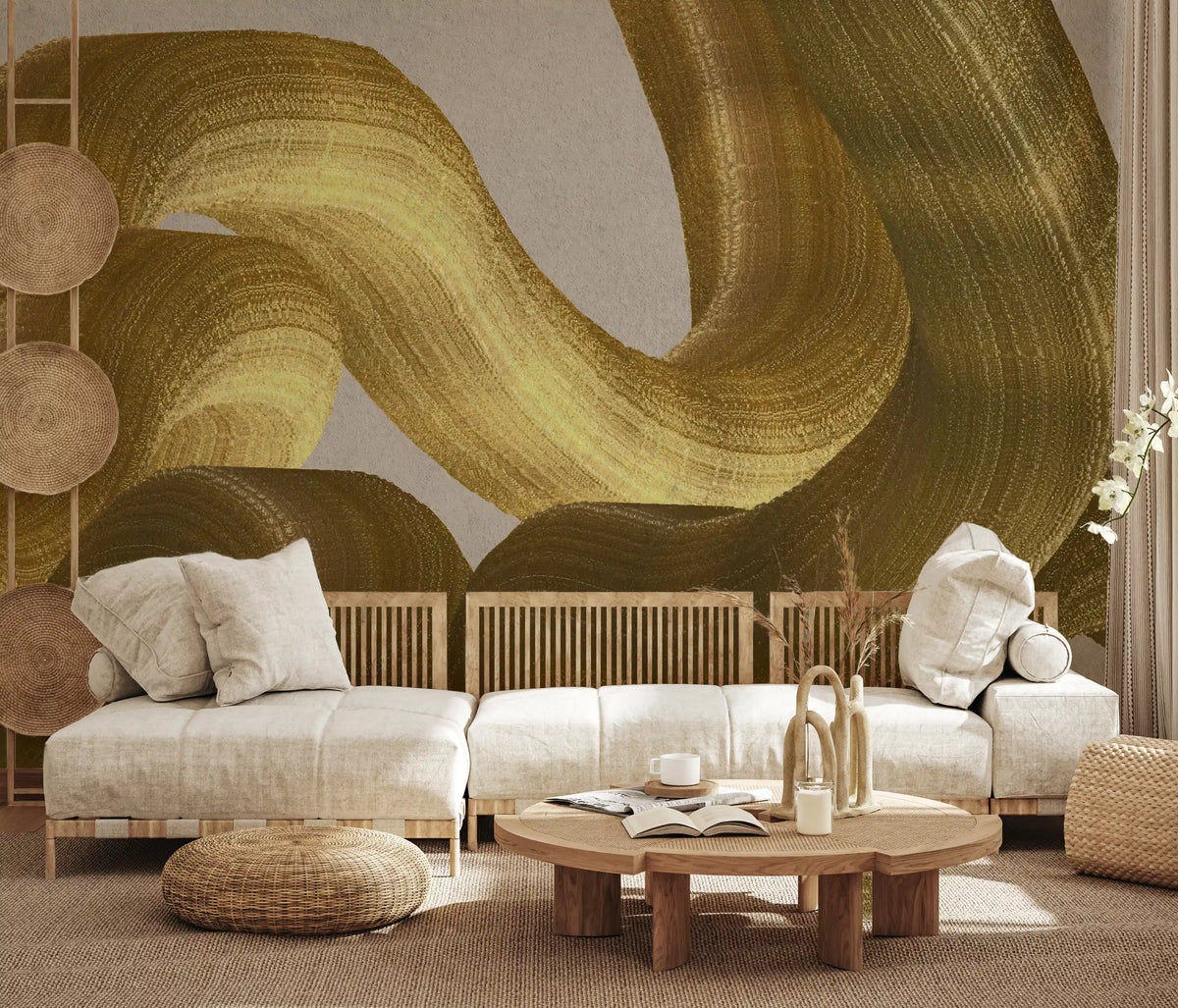 Murale da parete con pennellate astratte Golden Fluidity