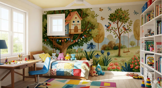 Murale da parete con scena fiabesca di giardino e casa sull’albero