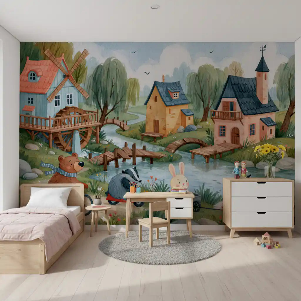 Fresque murale représentant l’aventure des amis de la forêt au village