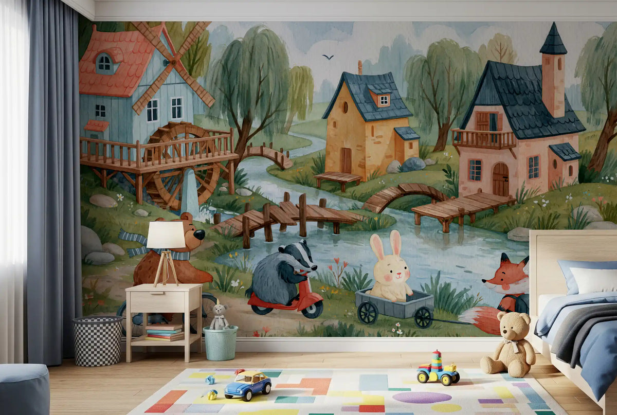 Fresque murale représentant l’aventure des amis de la forêt au village