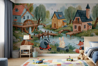 Fresque murale représentant l’aventure des amis de la forêt au village