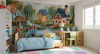 Fresque murale représentant l’aventure des amis de la forêt au village