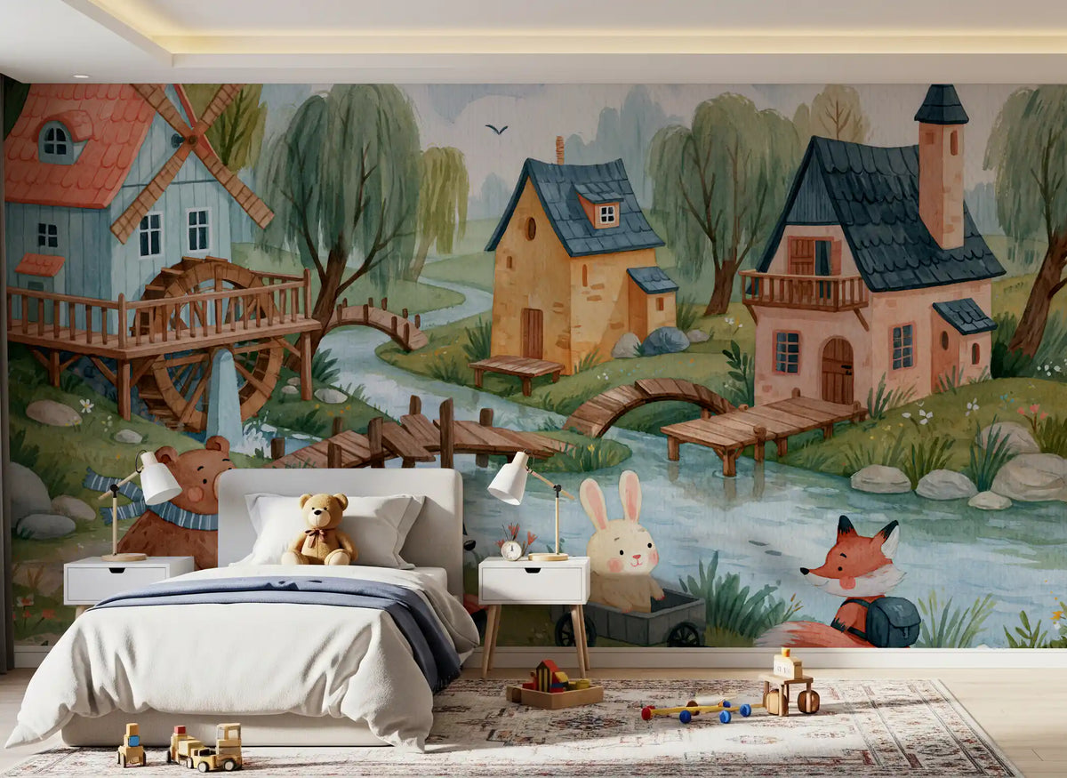 Fresque murale représentant l’aventure des amis de la forêt au village