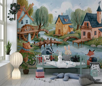 Fresque murale représentant l’aventure des amis de la forêt au village
