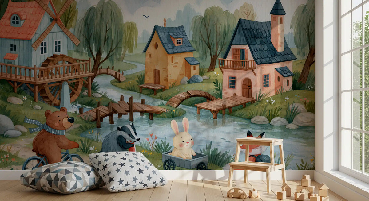Fresque murale représentant l’aventure des amis de la forêt au village