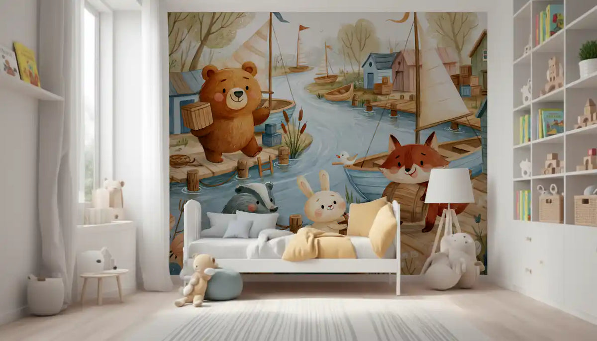 Nursery wallpaper with woodland animals at the docks behind a white daybed and floor lamp GD13297