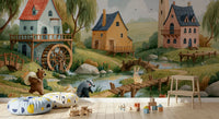 Enchanted Riverbank Woodland Animal Village Wall Mural