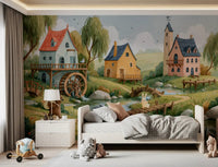 Enchanted Riverbank Woodland Animal Village Wall Mural