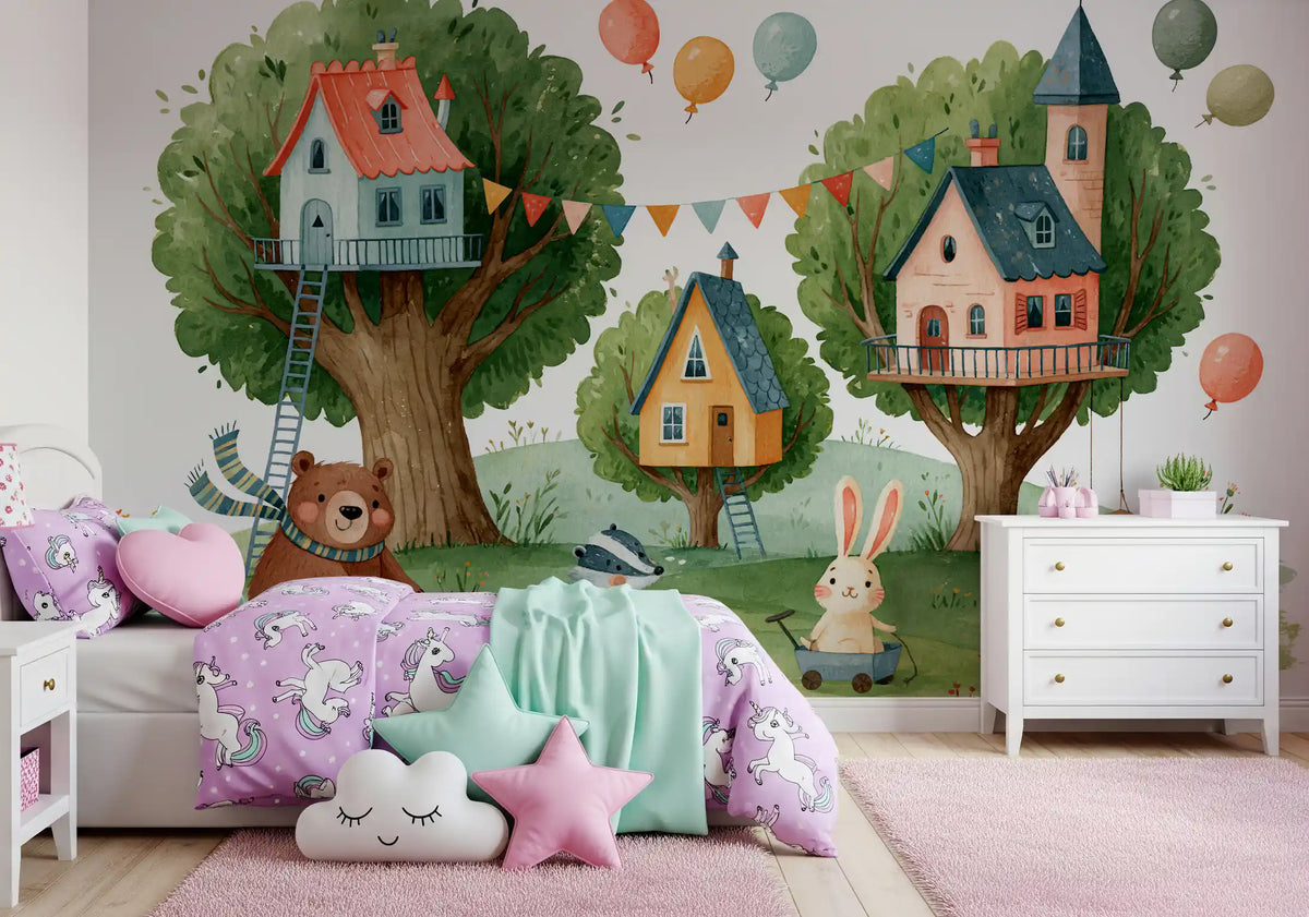 Woodland Friends Treehouse Village Wall Mural