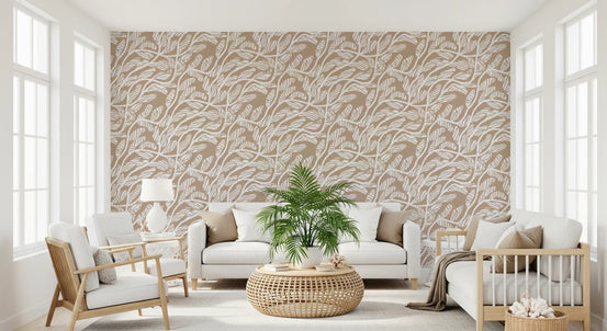 Papel tapiz de arte lineal de follaje abstracto en blanco y beige