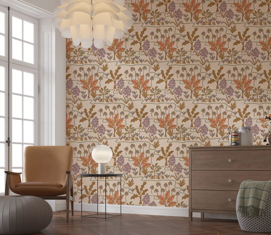 Tropical Garden Toile - charmig botanisk blommig tapet i varma pastelltoner