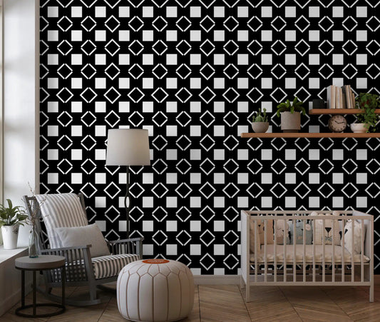 Papier peint géométrique quadrillé minimaliste noir et blanc⁠