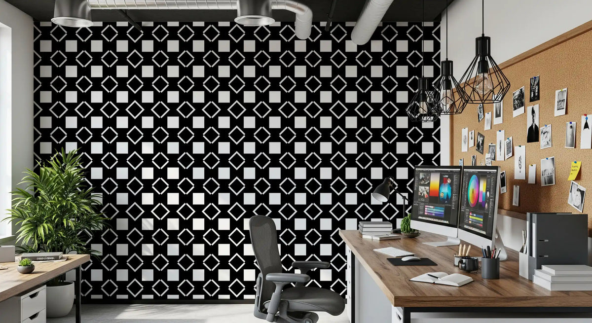 Papier peint géométrique quadrillé minimaliste noir et blanc⁠