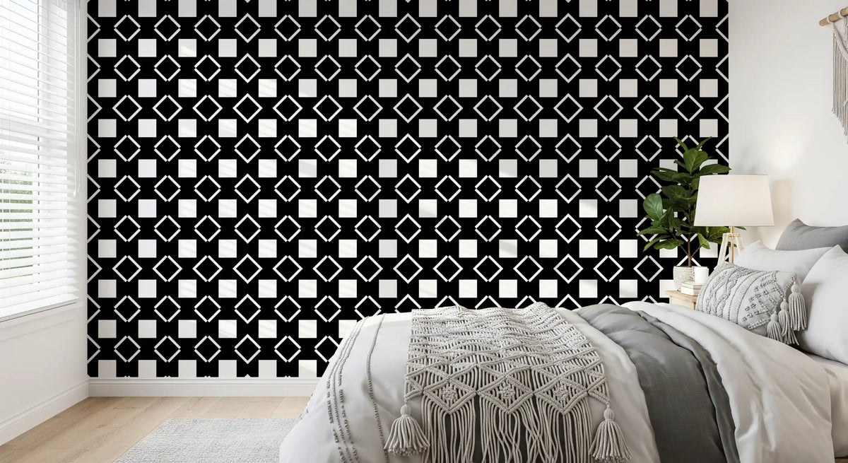 Papier peint géométrique quadrillé minimaliste noir et blanc⁠