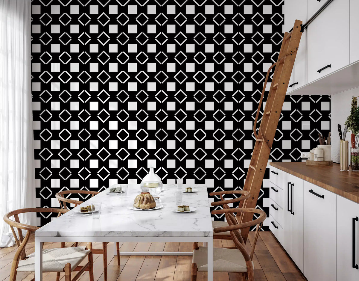 Papier peint géométrique quadrillé minimaliste noir et blanc⁠