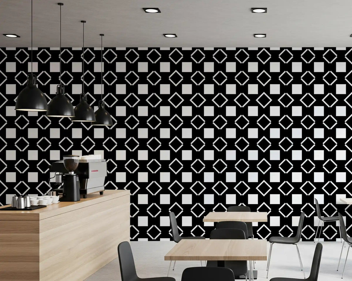 Papier peint géométrique quadrillé minimaliste noir et blanc⁠
