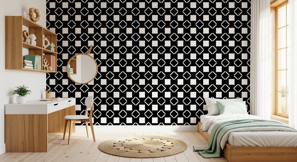 Papier peint géométrique quadrillé minimaliste noir et blanc⁠