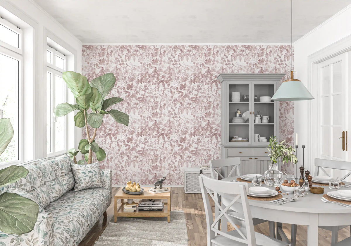 Tapet med botanisk engskitse i blush
