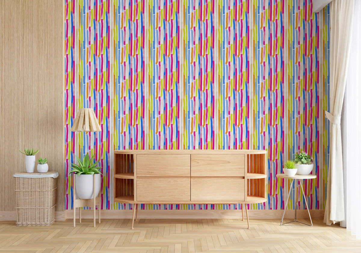 Papel de parede com pinceladas verticais multicoloridas vibrantes⁠