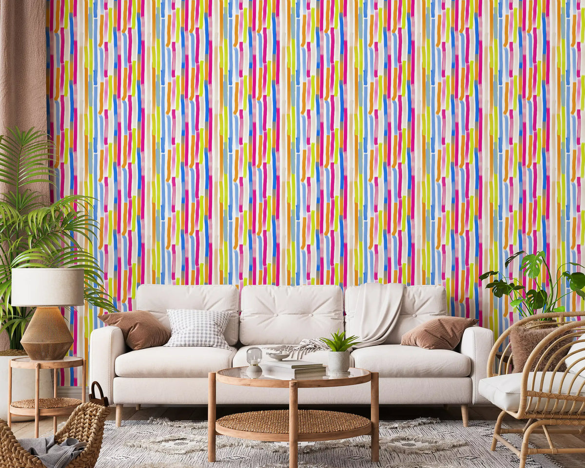 Papel de parede com pinceladas verticais multicoloridas vibrantes⁠