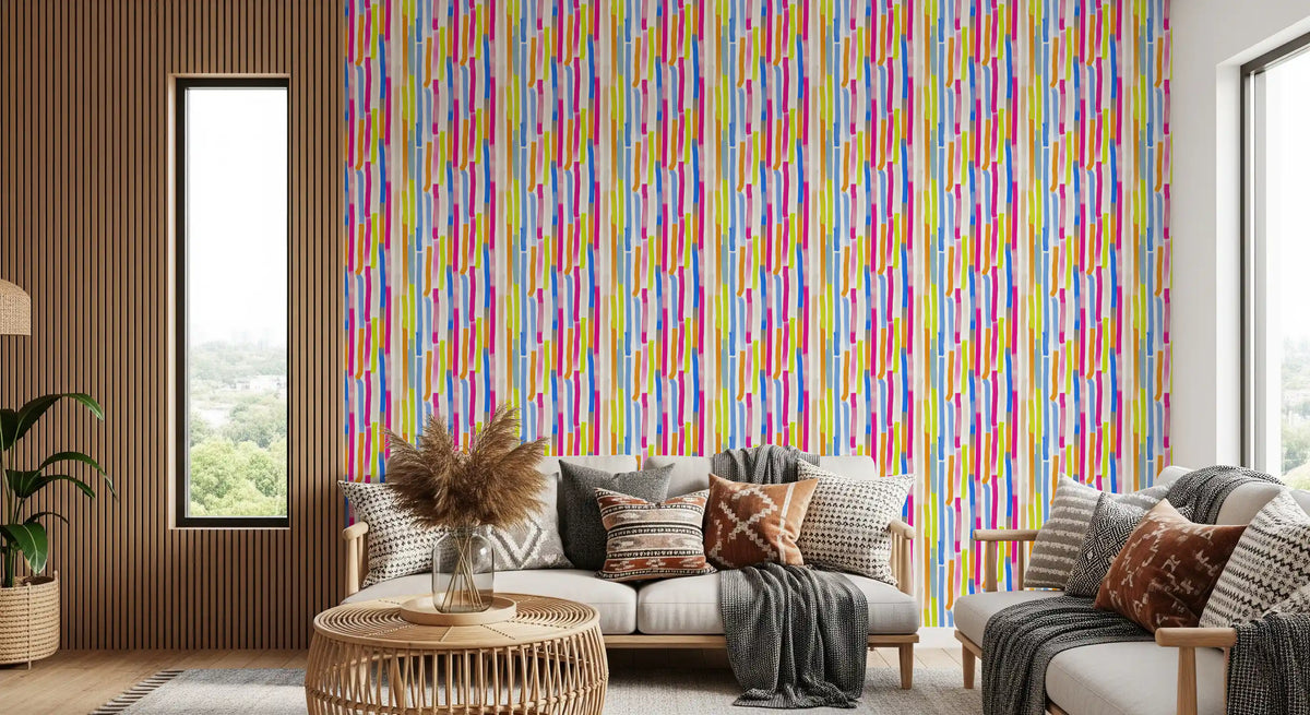 Papel de parede com pinceladas verticais multicoloridas vibrantes⁠