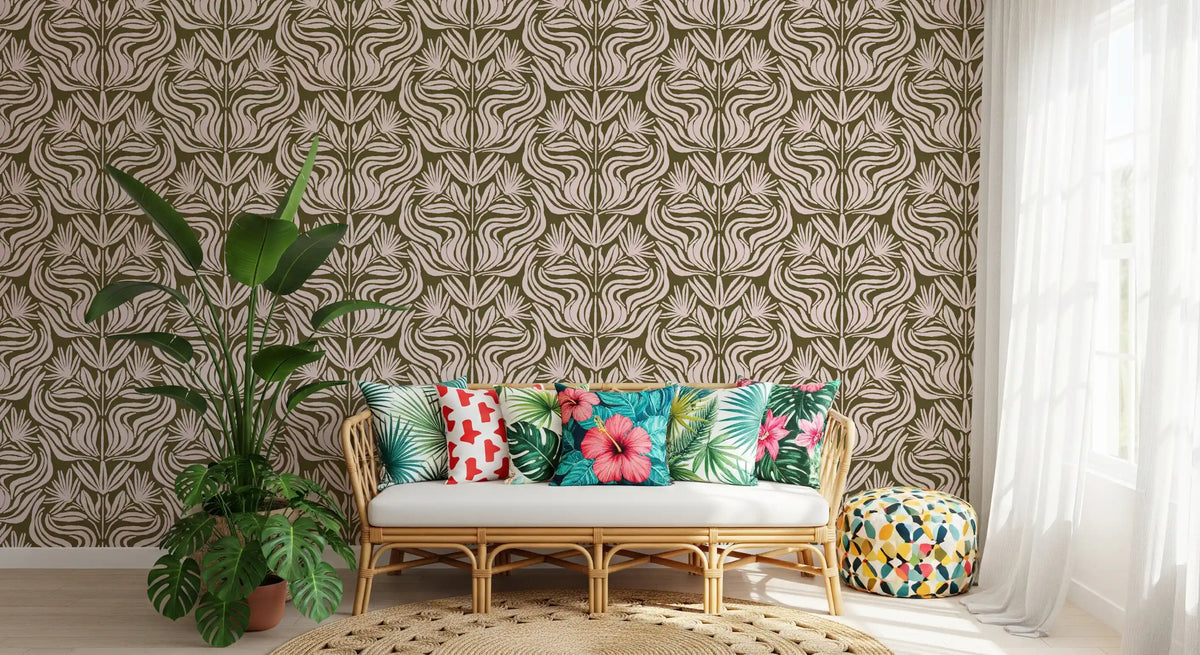Olive and Blush Organic Abstract Botanical Pattern Wallpaper⁠