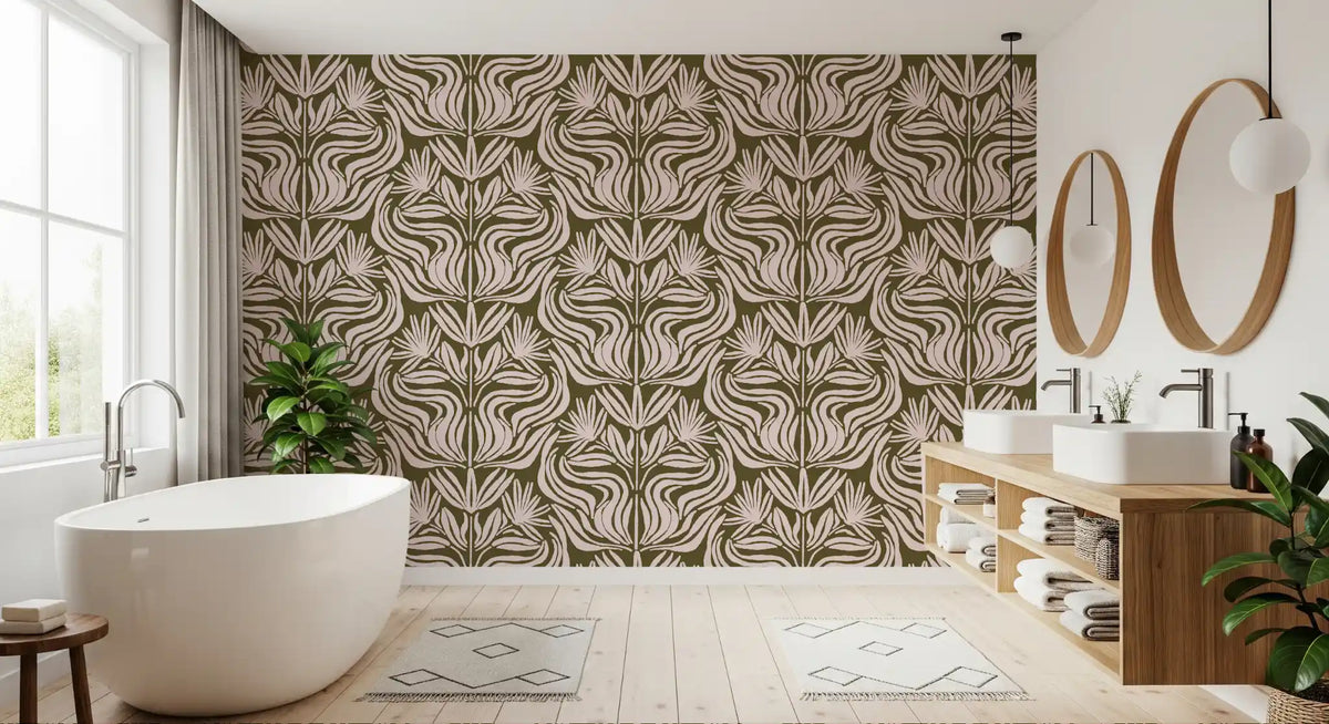 Olive and Blush Organic Abstract Botanical Pattern Wallpaper⁠