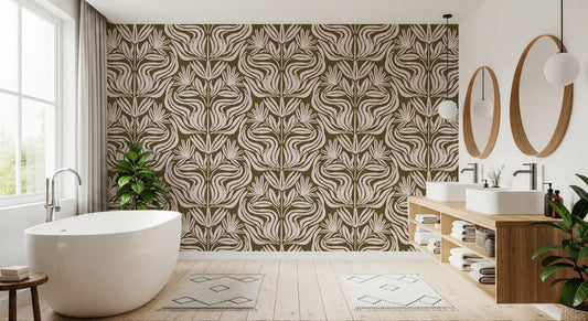 Papier peint à motif botanique abstrait organique olive et vieux rose