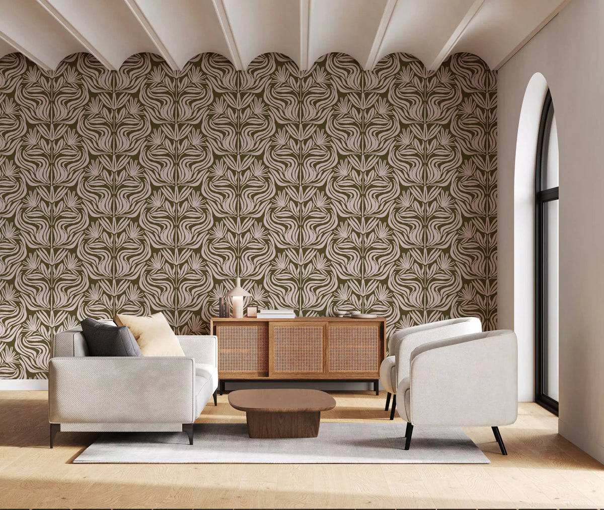 Olive and Blush Organic Abstract Botanical Pattern Wallpaper⁠