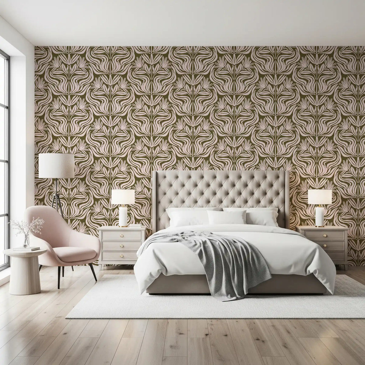 Olive and Blush Organic Abstract Botanical Pattern Wallpaper⁠