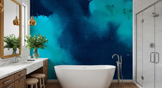 Papier peint panoramique mural à l’aquarelle, lavis bleu azur profond