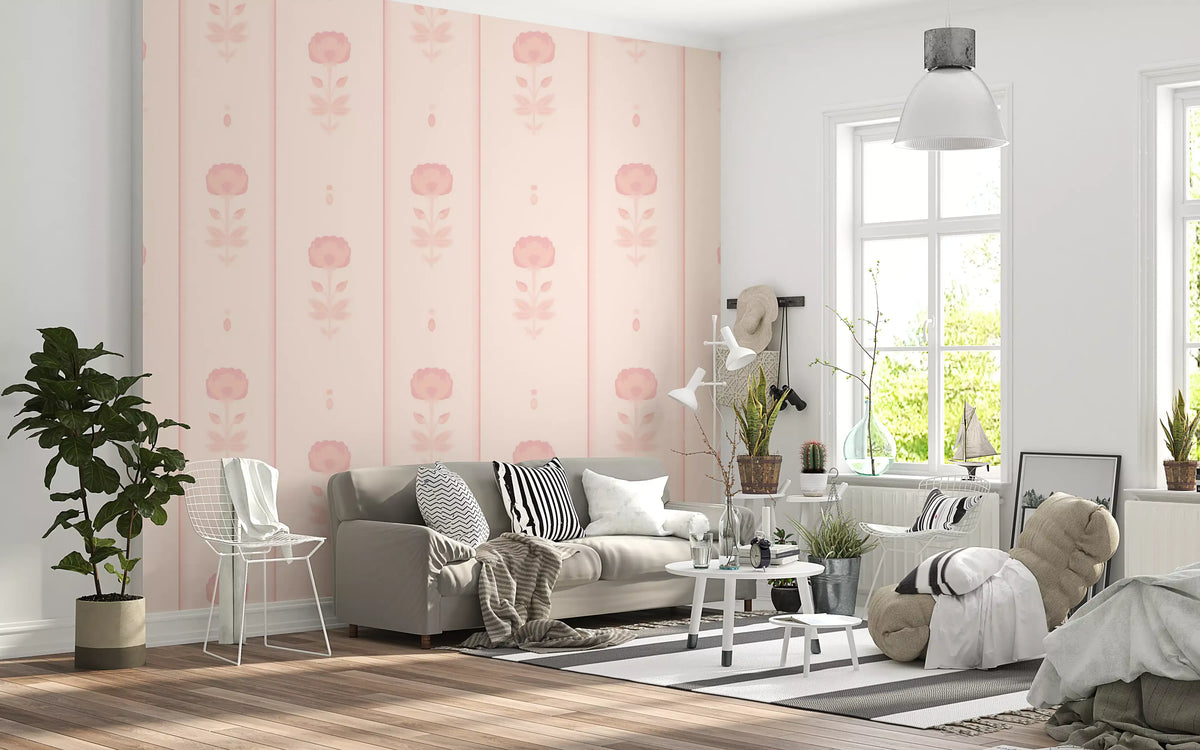 Carta da parati a righe floreali color rosa cipria delicato