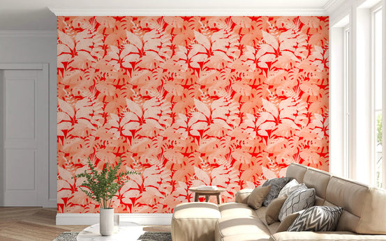 Papier peint à feuillage tropical corail flamboyant