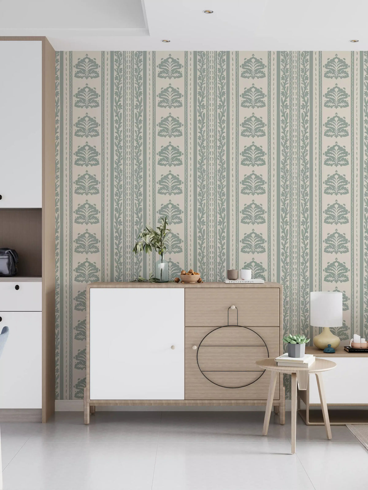 Sage Green Damask Stripe Pattern Wallpaper⁠