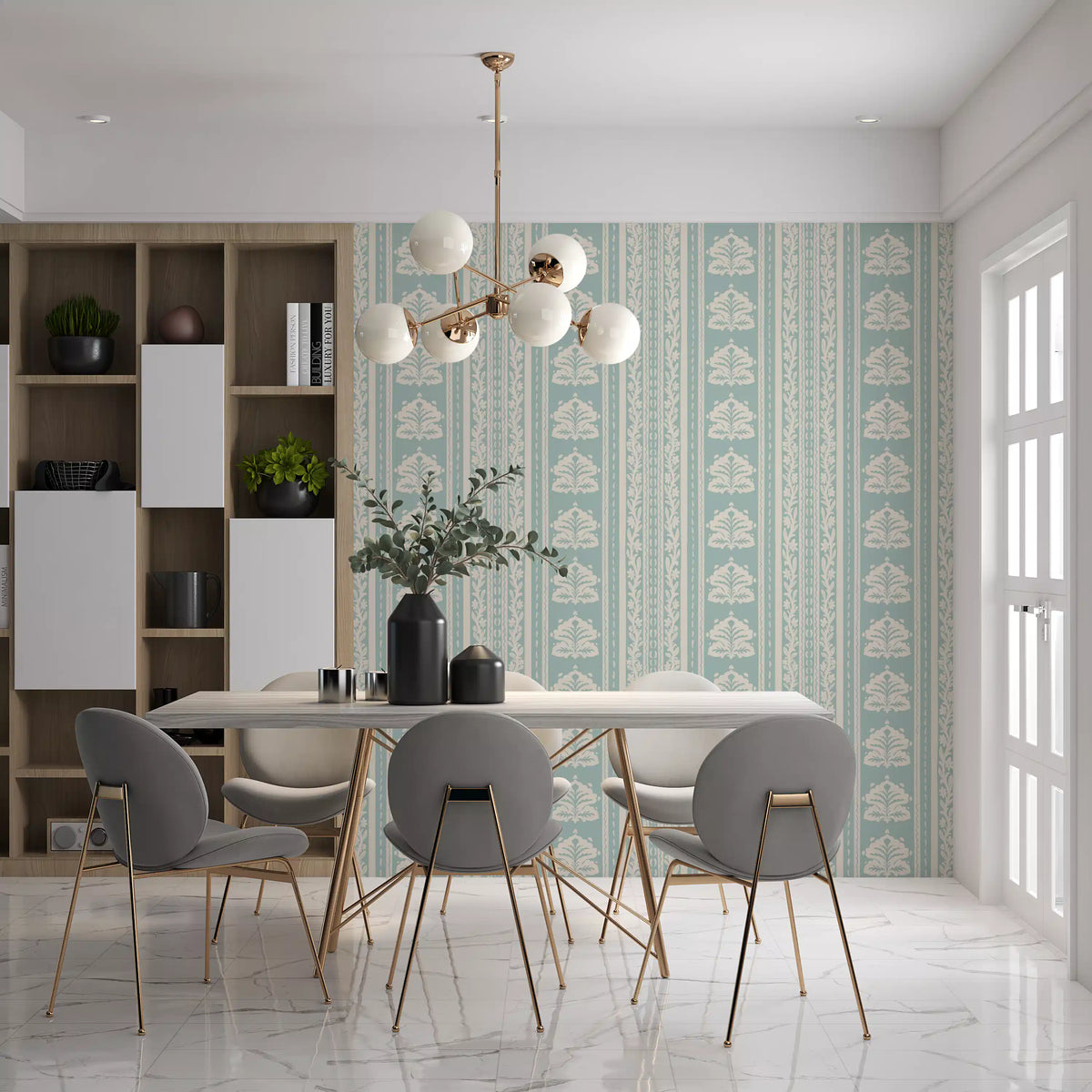 Minimalist Botanical Stripe in Blue Wallpaper⁠