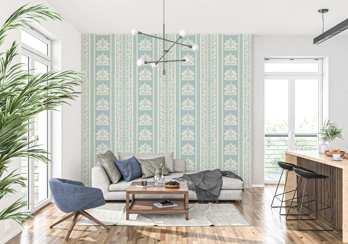 Minimalist Botanical Stripe in Blue Wallpaper⁠
