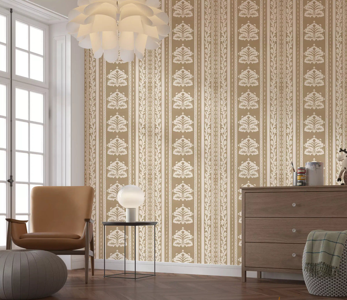 Cream and Taupe Botanical Stripe Wallpaper⁠