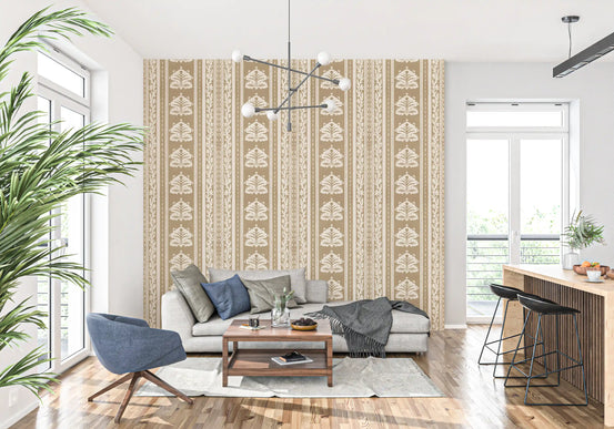 Cream and Taupe Botanical Stripe Wallpaper⁠
